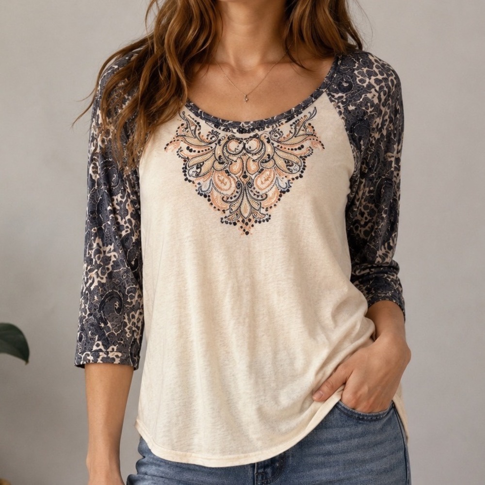 Miss Me Embellished Lace Print Raglan Top Size M Boho Western Y2K Bling